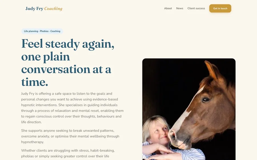 Judy Fry Coaching homepage, showing the headline "Feel steady again, one plain conversation at a time" beside a photo of Judy with one of her horses